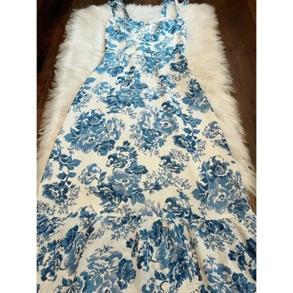 Blue Toile Floral Ruffle Midi Dress by Manu Reformation Nikita Olympia Size 10 - Picture 13 of 16